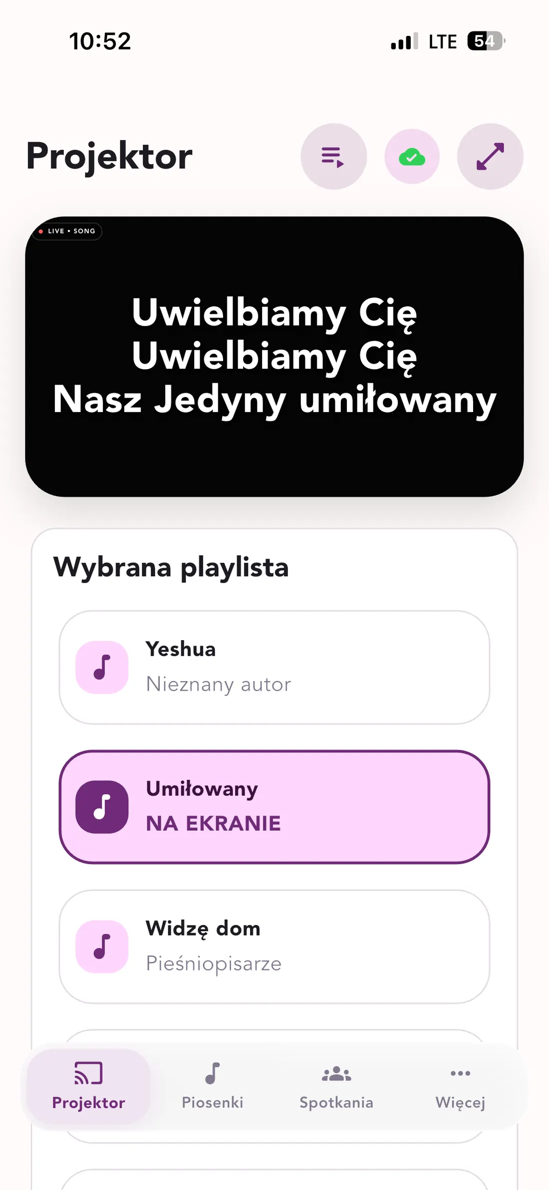 Widok spotkań w Śpiewnik.app