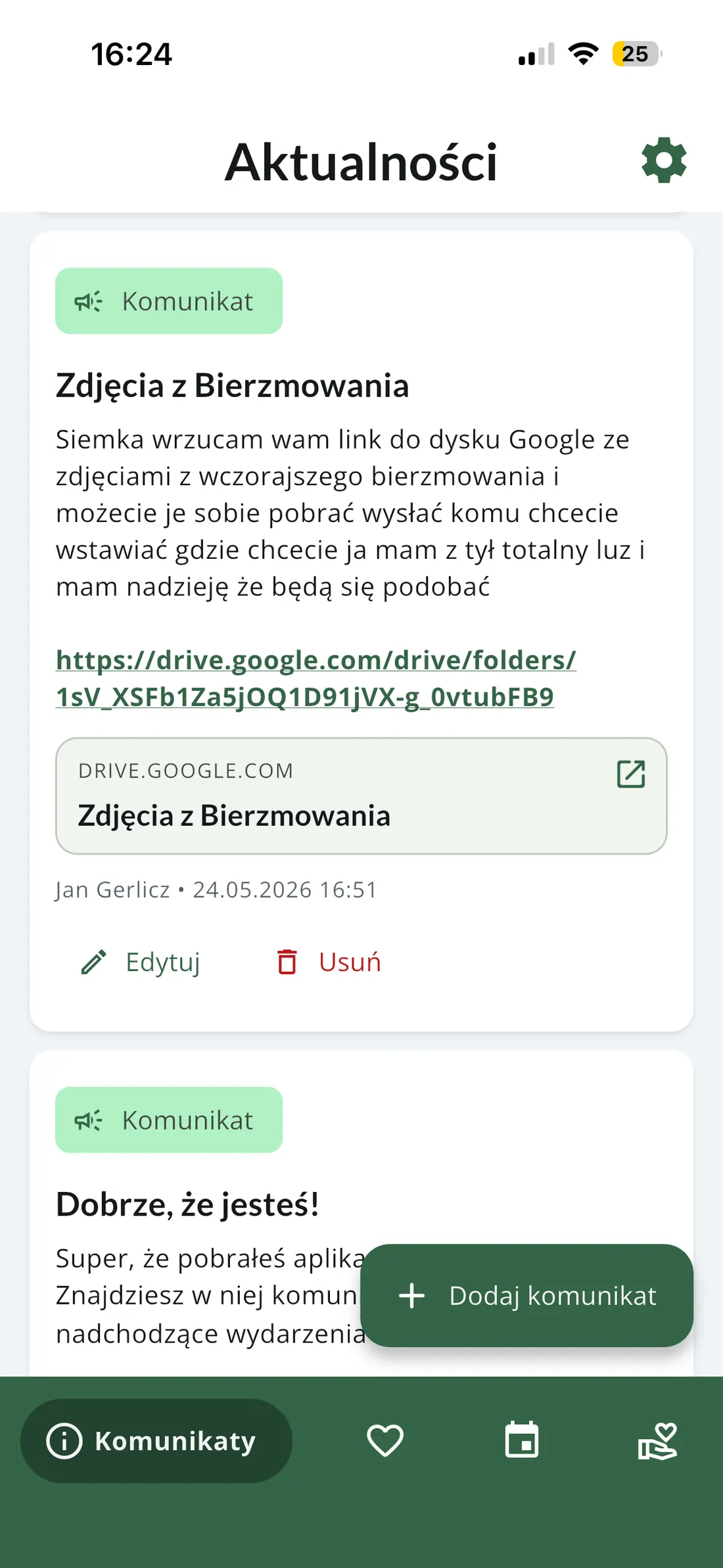 Komunikaty w aplikacji Młodość Lubię To