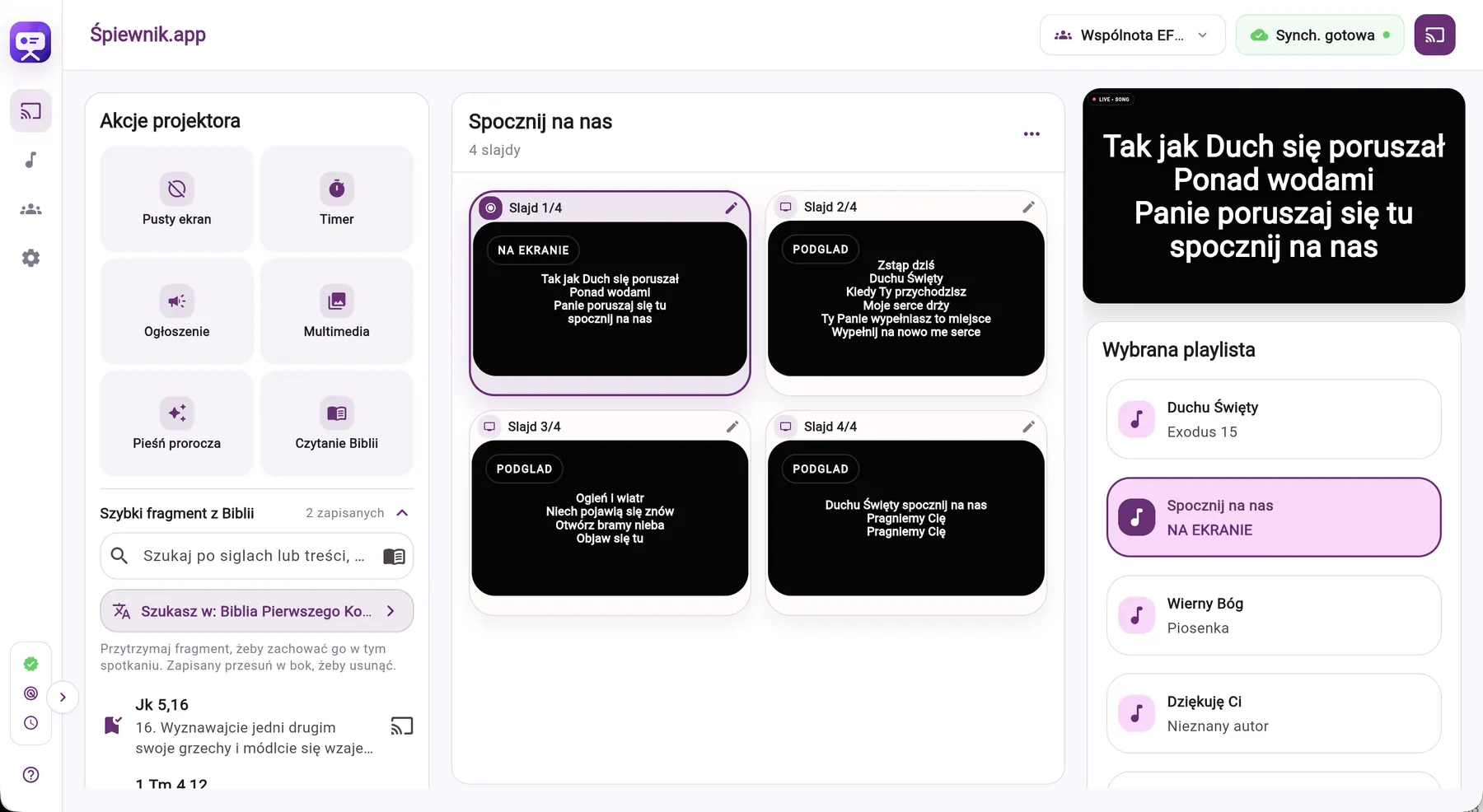 Panel projektora w aplikacji Śpiewnik.app
